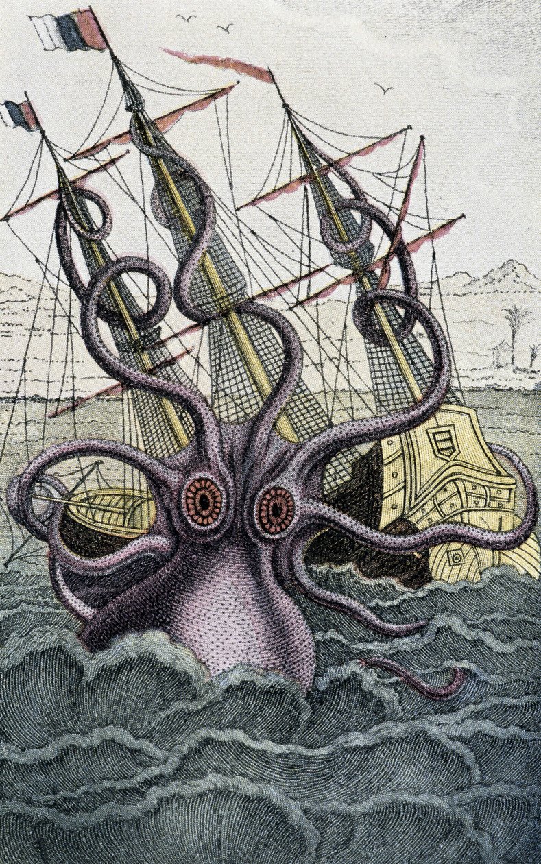 Pulpo gigante (Kraken) atacando un barco - de Denys-Montfort en “Histoire naturelle des mollusques”, París de Unknown artist