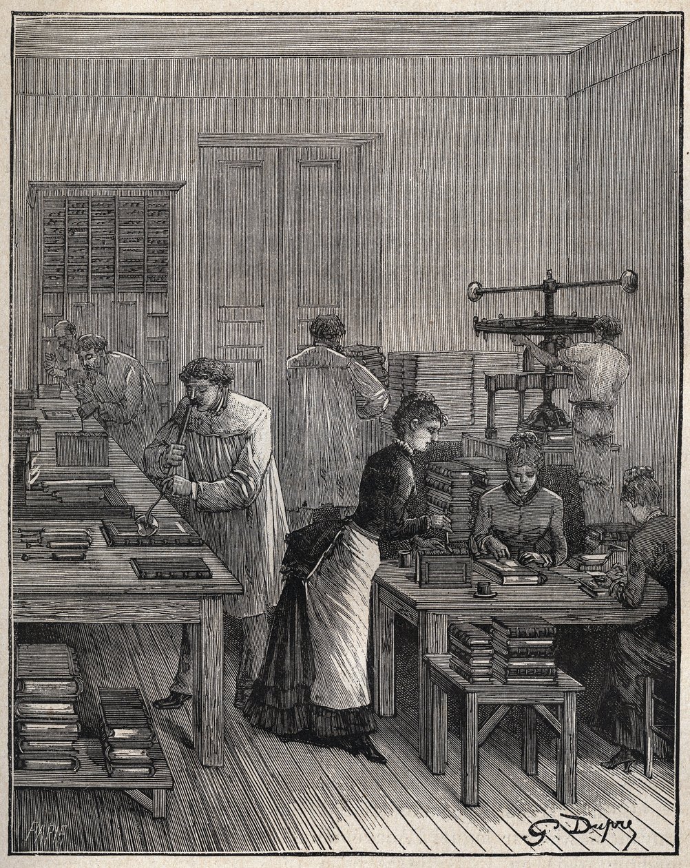 Dorado de libros (cubiertas) en hierro en un taller en Francia en el siglo XIX. Grabado de 1885 en "Les arts et metiers illustres" por Adolphe BITARD de Unknown artist