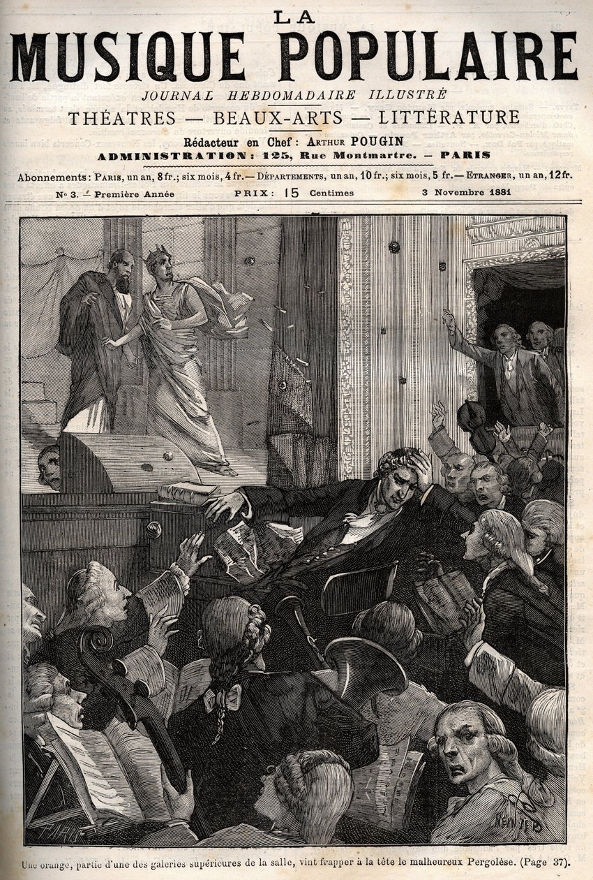 Giovanni Battista Pergolesi (1710-1736) golpeado en la cabeza con una lanza de naranja desde una de las galerías en el salón del Teatro Tor di Nona en Roma en enero de 1735, durante el estreno de la ópera Olimpiade de Unknown artist
