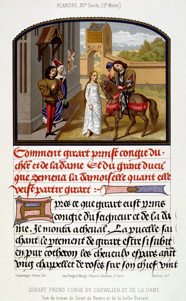 Girart se despide del caballero y la dama - facsímil de una iluminación del siglo XV de Unknown artist