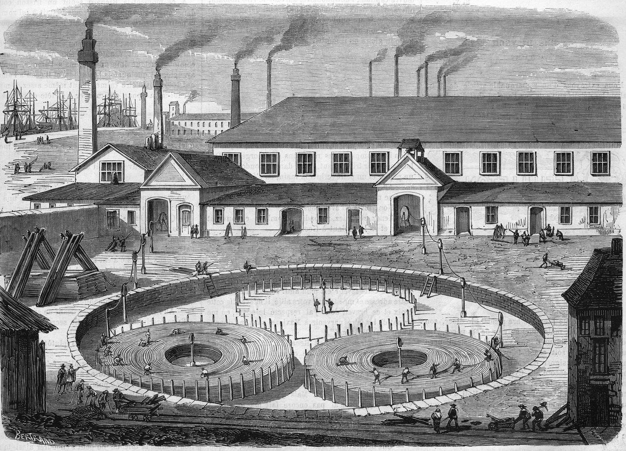 Fábrica de cables eléctricos de vidrio Eiliot en Greenwich. Enrollando el cable en las cuencas antes del transporte en el barco “el leviatán”. Grabado de 1865 de Unknown artist