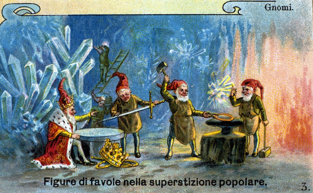Gnomos, personajes de fábulas en la tradición popular. Cromolitografía de Unknown artist