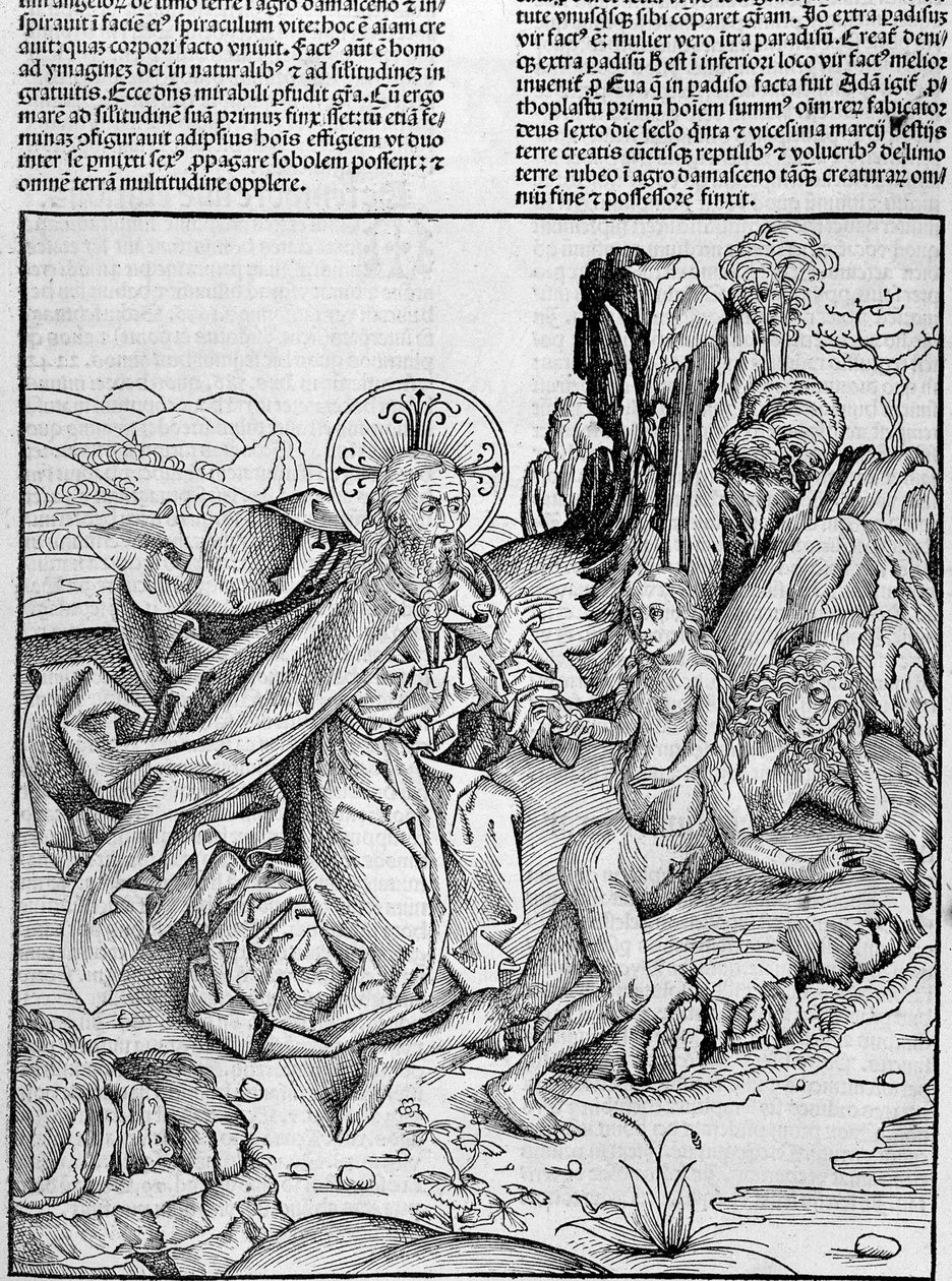 Dios da a luz a Eva del muslo de Adán - en 