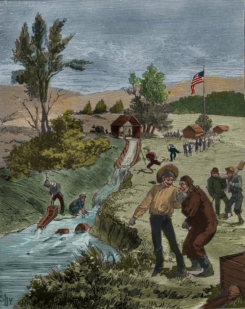 Fiebre del oro: Buscadores de oro en California lavando grava en un arroyo con un tamiz, establecimiento del Capitán Sutter. Grabado de 1885 en 
