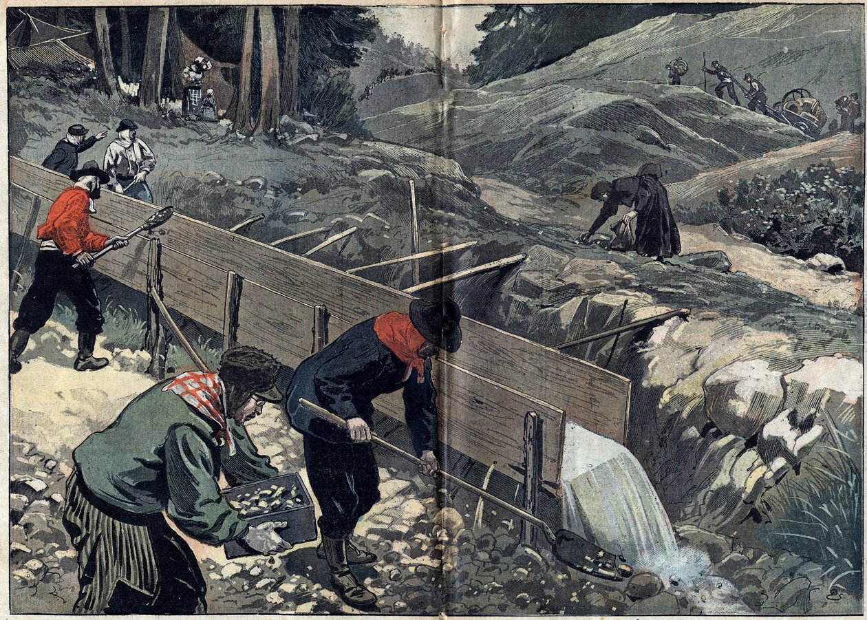 Fiebre del oro en Alaska: Buscadores de oro lavan el lodo de oro. Una mujer recoge pepitas mientras nuevos buscadores de oro llegan al campamento. Ilustración en “Le Pelerin” del 20 de febrero de Unknown artist