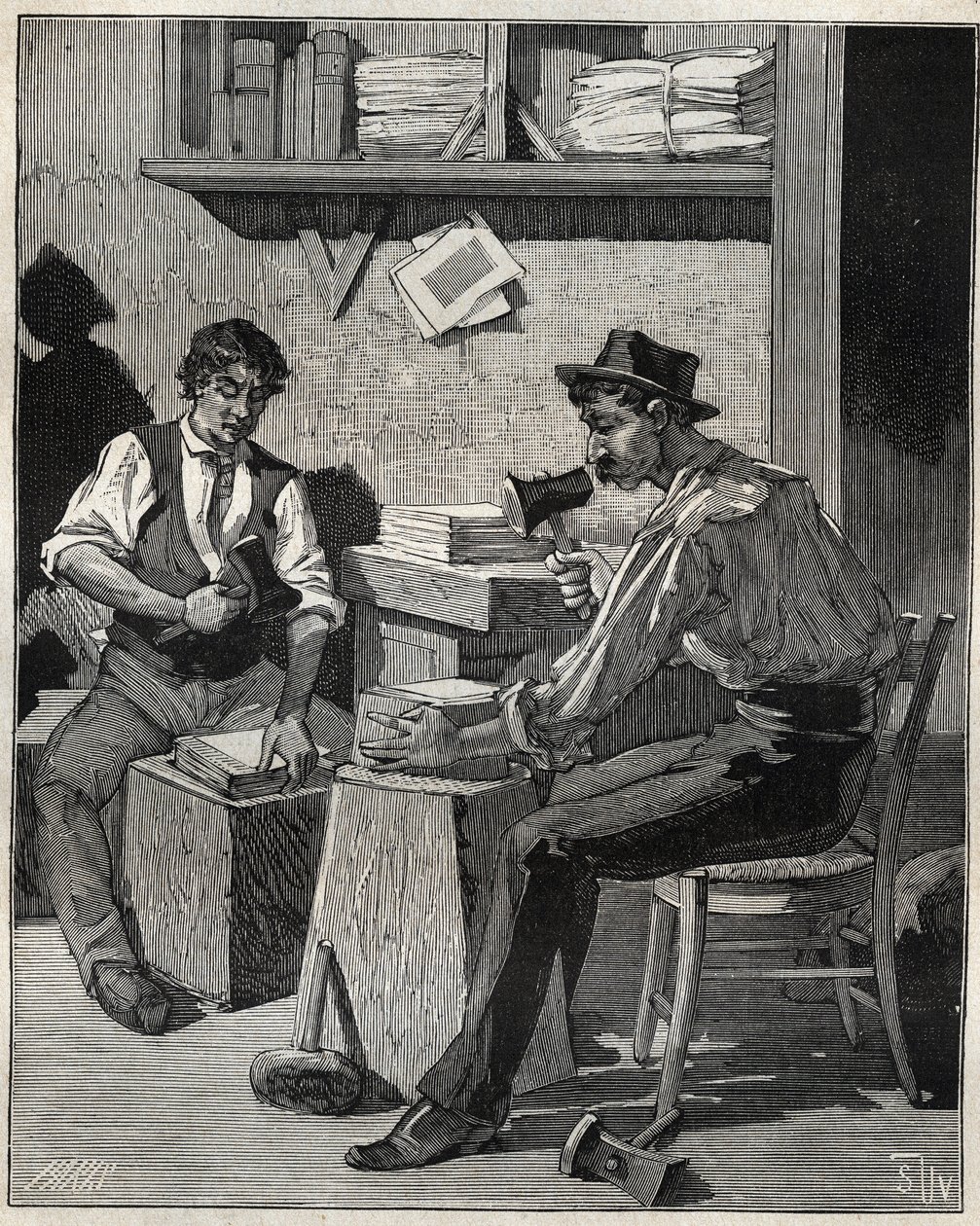 Batidor de oro. Grabado de 1885 en “Les arts et métiers illustrés” de Adolphe Bitard. de Unknown artist