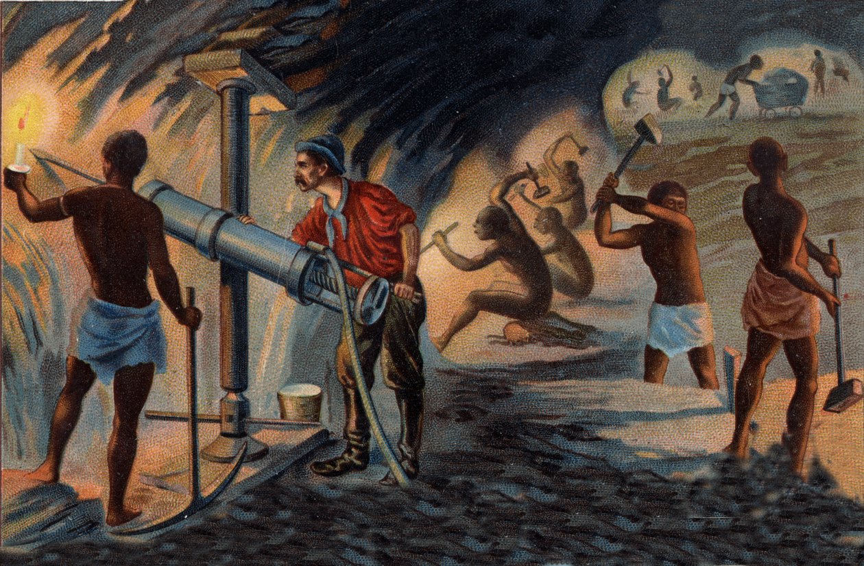 Minería de oro: dentro de una mina en Transvaal. Minero usando una broca operada por aire comprimido. Cromolitografía de finales del siglo XIX de Unknown artist