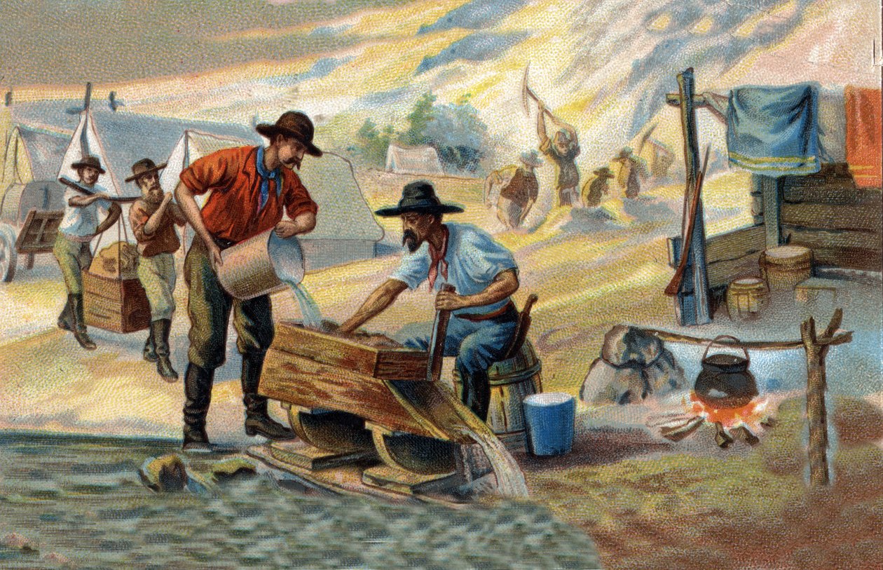 Buscador de oro: método de lavado del oro nativo que se separa de las piedras y la arena. Cromolitografía de finales del siglo XIX de Unknown artist