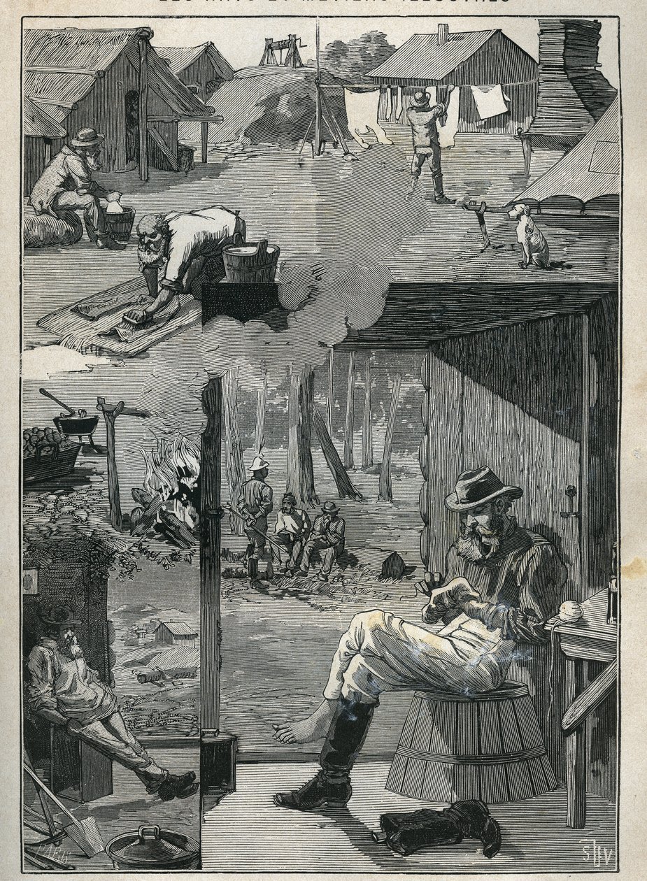 Buscadores de oro en Australia: escena de la vida diaria de los mineros durante sus días de descanso (limpieza y secado de ropa, calcetines, etc.). Grabado de 1885 en “Les arts et metiers illustres” de Adolphe Bitard. de Unknown artist