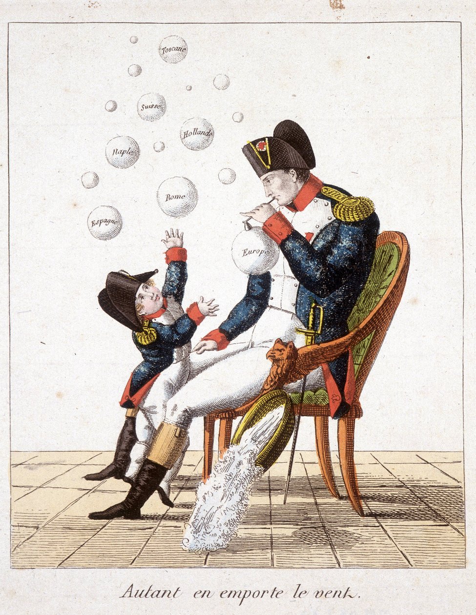 Lo que el viento se llevó: Napoleón haciendo burbujas de jabón de Toscana, Suiza, Holanda, Nápoles, Roma, España y Europa - en “Napoleón 1º, caricaturas, colección ficticia”, c. 1814 de Unknown artist