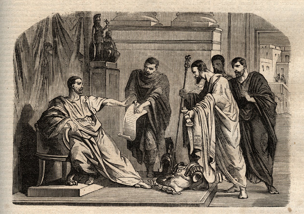 Gordiano I (158-238) rechazando la dignidad imperial - Gordiano I (Marcus Antonius Gordianus Sempronianus Romanus Africanus) rechazó la dignidad imperial - grabado en Dictionnaire populaire illustrious - 1864 - por Joseph Decembre y Edmond Allonier de Unknown artist