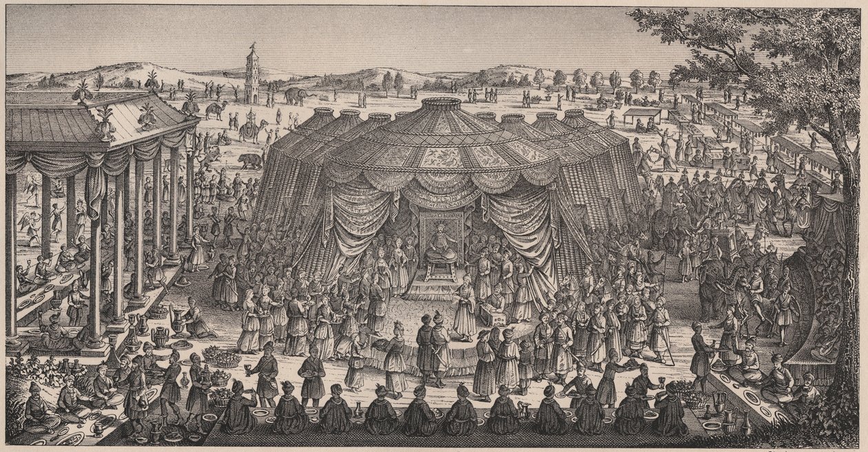 Gran Banquete dado por Tamerlán (1336-1405) en la llanura de Khani Gheul para celebrar el matrimonio de sus nietos - Grabado del siglo XIX de Unknown artist