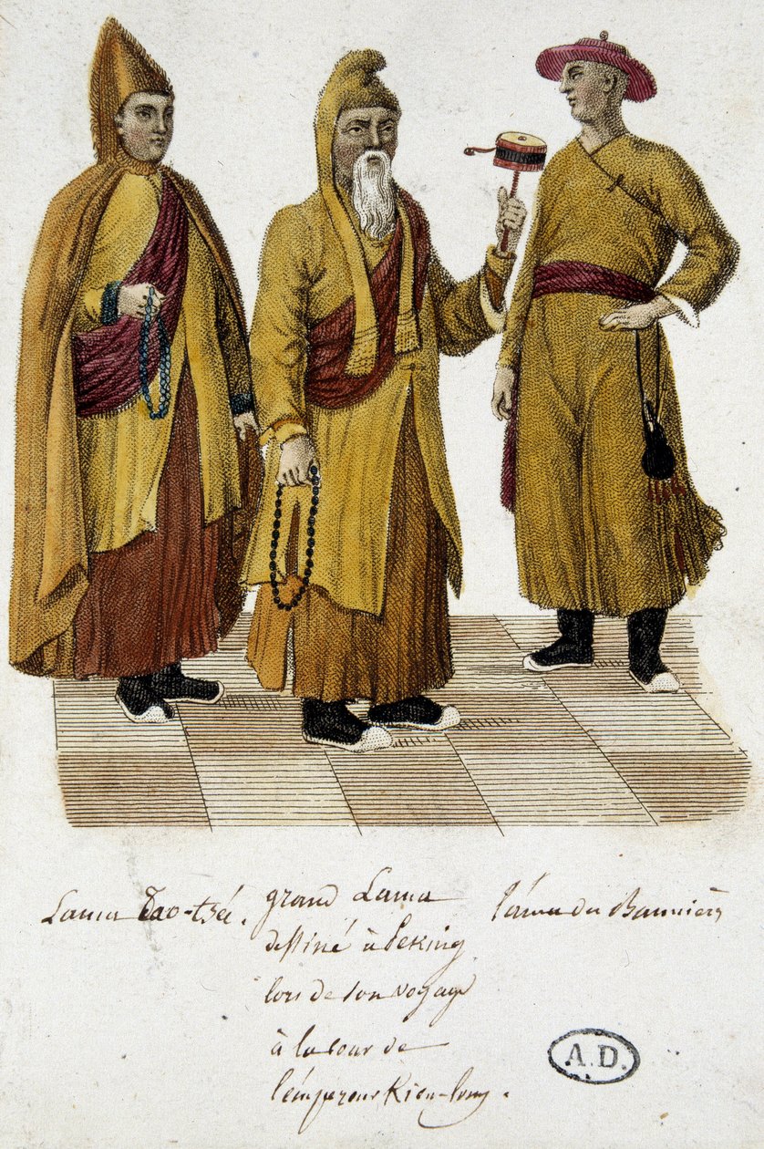 Gran Lama y Lama Lao-Tseu (?) visitando la corte de Pekín - grabado de Unknown artist
