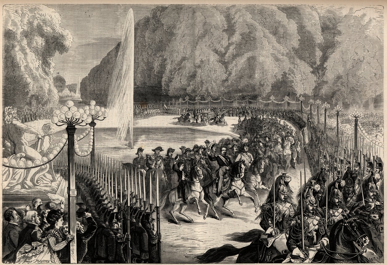 Gran revista del 14 de agosto: El emperador Napoleón III (1808-1873), seguido por su estado mayor, cruza el Jardín de las Tullerías en París. Su hijo, el príncipe imperial Eugenio Luis José (1856-1879), está a su derecha. Grabado en "El Universo Ilustre". de Unknown artist