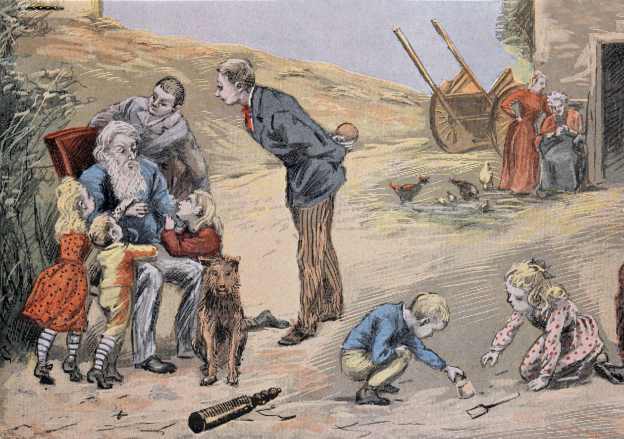Abuelo explicando el catecismo a los niños. En "Gran álbum en color para la explicación del catecismo" por Abbé Maucherde de Unknown artist