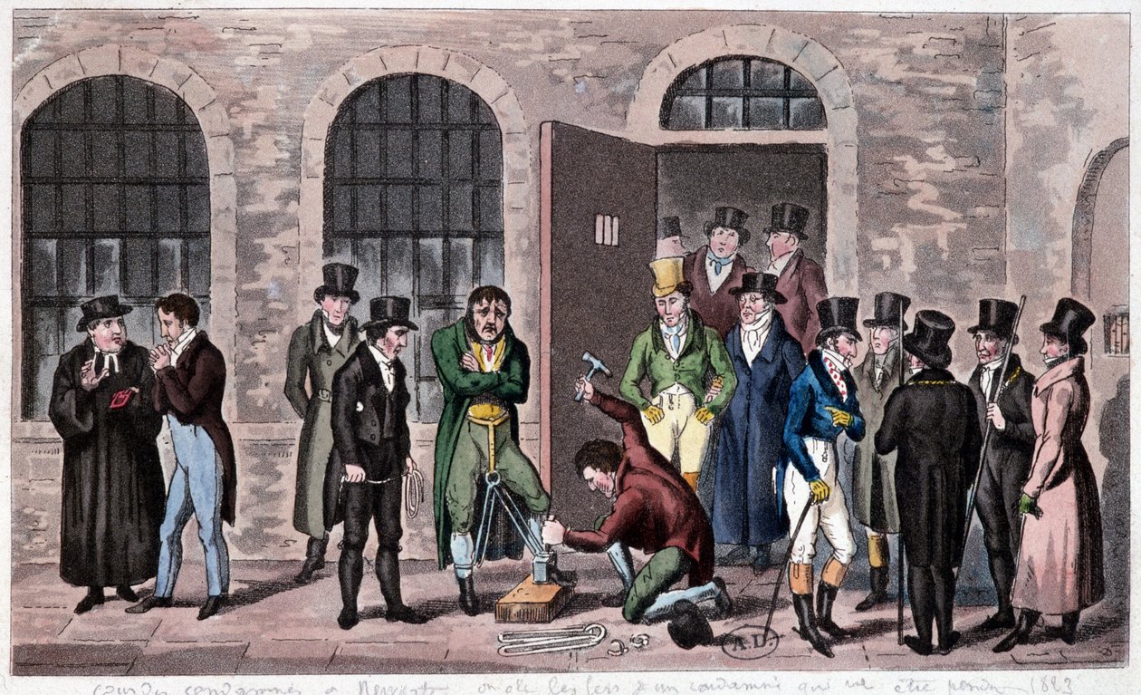 Gran Bretaña Prisión: Una sentencia de muerte está adjunta a la prisión de Newgate en Londres (a menudo mencionada en las novelas de Charles Dickens). Grabado alrededor de 1823. Biblioteca de Artes Decorativas de Unknown artist