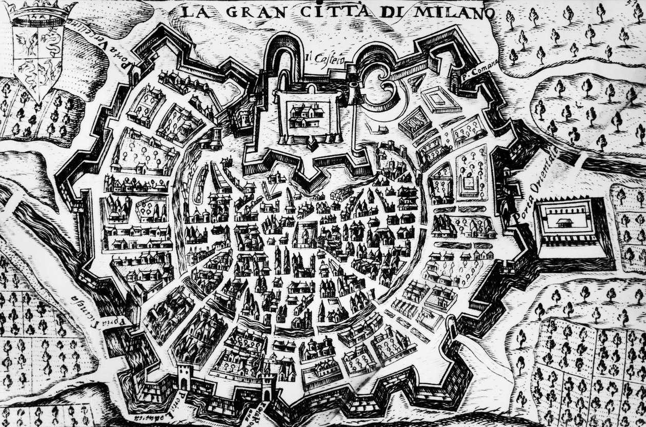 Gran ciudad de Milán, grabado del mapa de Milán, Italia de Unknown artist