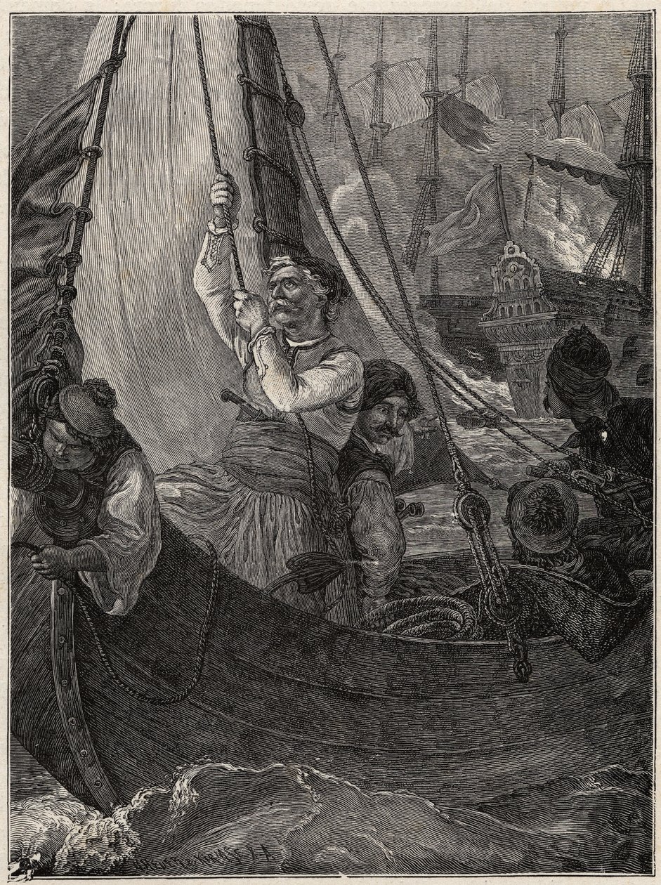 Guerra de Independencia Griega 1821 - 1829: Constantino Kanaris (Konstantinos Canaris) quemando el buque insignia de la flota turca frente a Quíos de Unknown artist