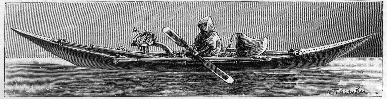 Exposición de Groenlandia en la Sociedad de Geografía, París: Modelo de un kayak hecho por esquimales. Grabado en 