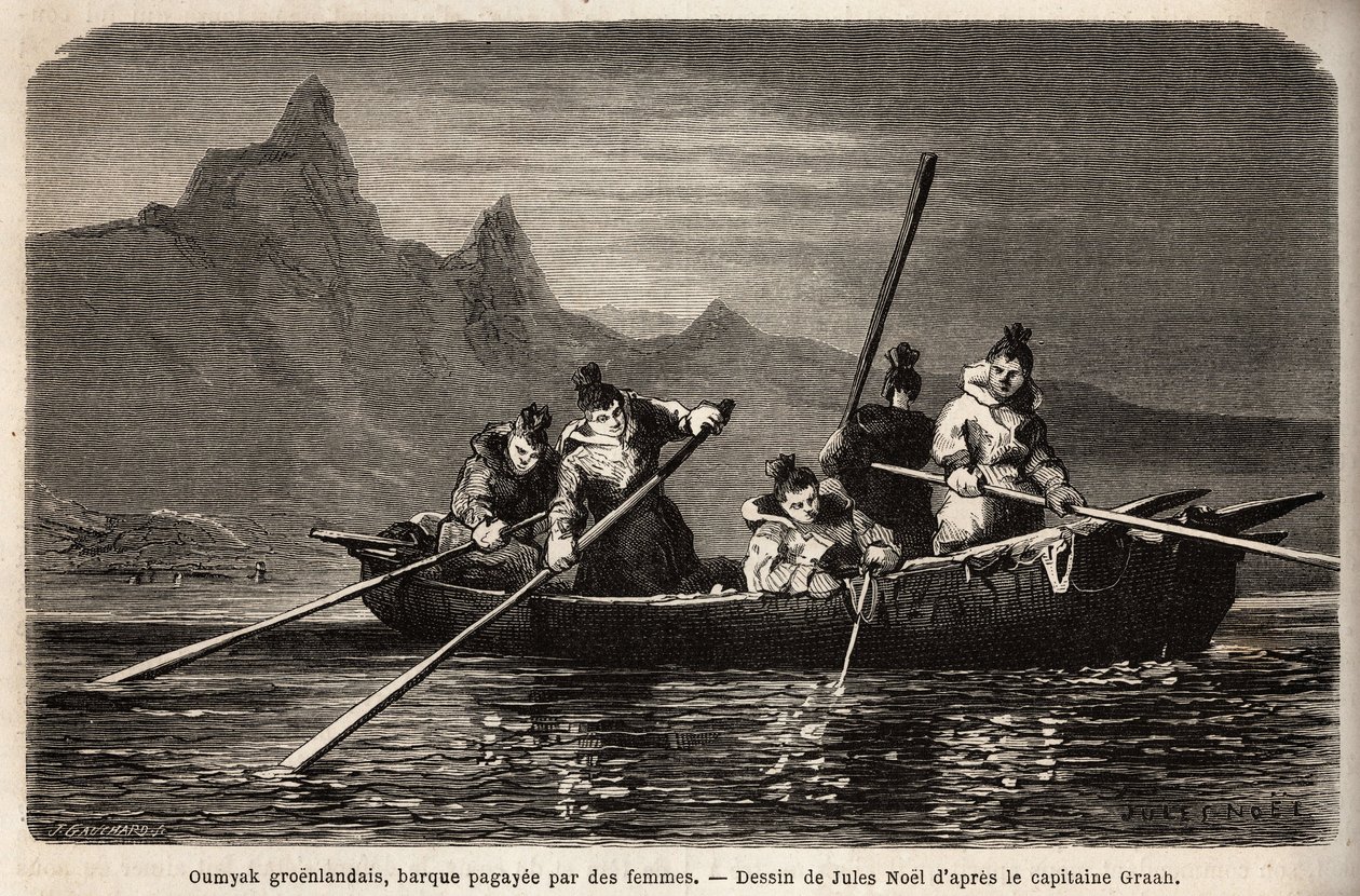 Umyak de Groenlandia, tipo de barco operado por mujeres. Grabado para ilustrar el viaje al mar libre del polo Ártico, por el Doctor Hayes, cirujano de la Marina de los Estados Unidos, en 1860-1862, publicado en “Le tour du monde, nouveau journal des voyage de Unknown artist