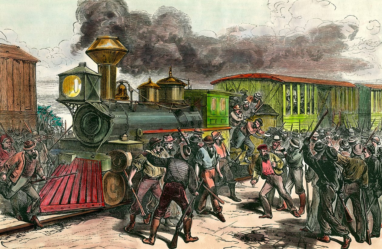 Huelga en la línea ferroviaria que conecta Baltimore, Ohio. Trabajadores persiguen a conductores e ingenieros de un tren que se dirige a Baltimore. Grabado del siglo XIX. Colección privada de Unknown artist