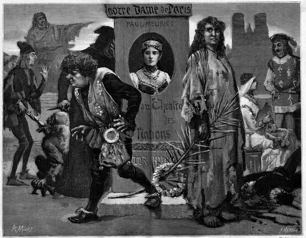 Gringoire, Quasimodo, La Esmeralda, La Sachette y Phoebus. Personajes principales en la obra de teatro 