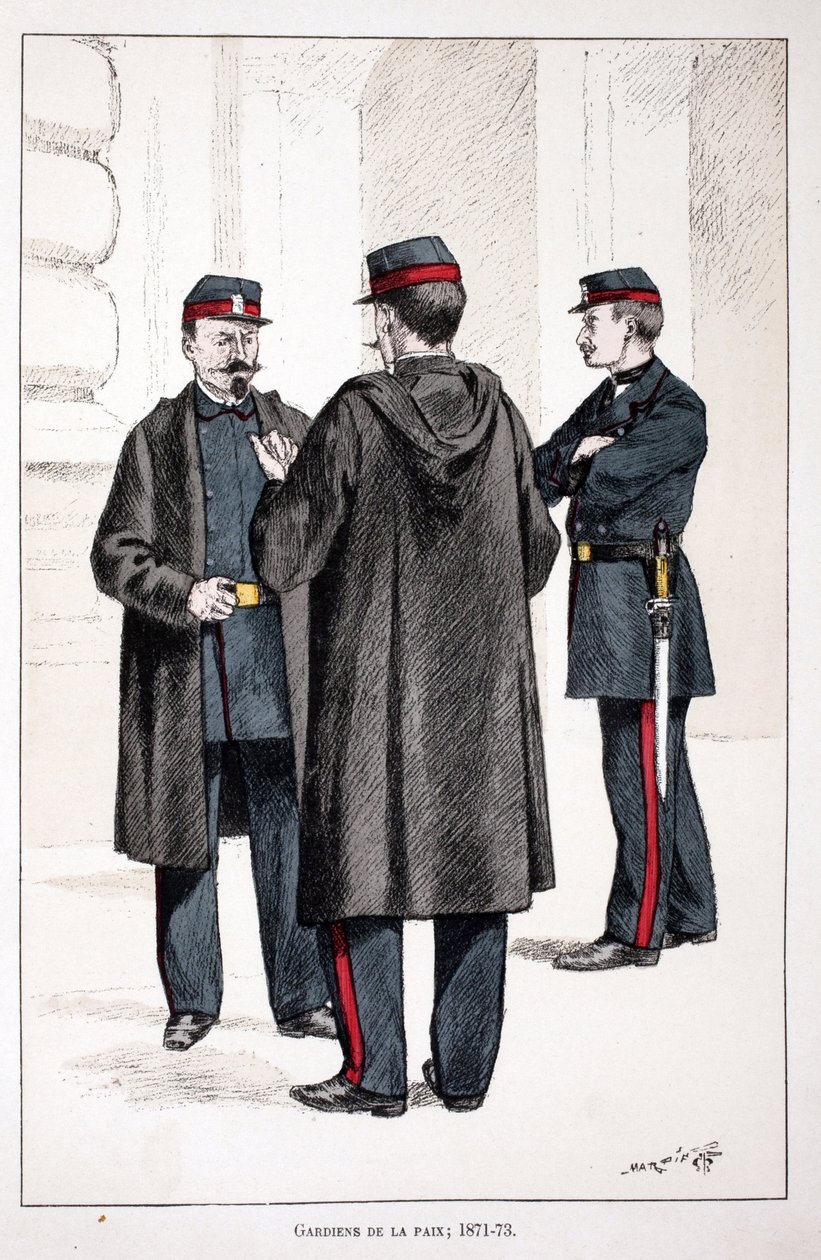 Guardianes de la Paz (1871-1873). Aguafuerte en colores, para ilustrar Histoire du corps des gardiens de la paix, libro publicado bajo los auspicios de Louis Lepine (1846-1933) prefecto de policía del Sena, por Alfred Rey (1864-?) y Louis Feron de Unknown artist