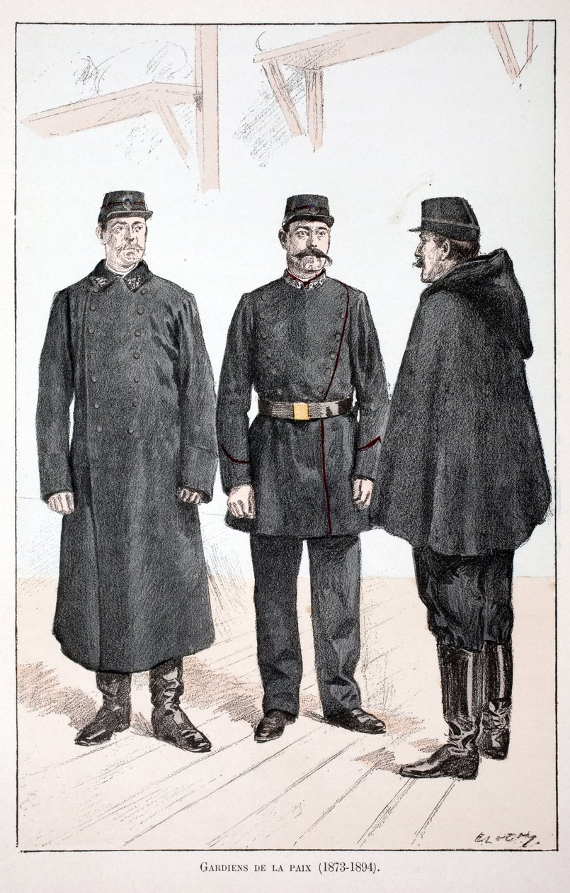 Guardianes de la Paz (1873-1894). Ilustración de “Histoire du corps des gardiens de la paix” libro publicado bajo los auspicios de Louis Lepine (1846-1933), prefecto de policía de la Seine, por Alfred Rey (1864-?) y Louis Feron (1862-?) de Unknown artist