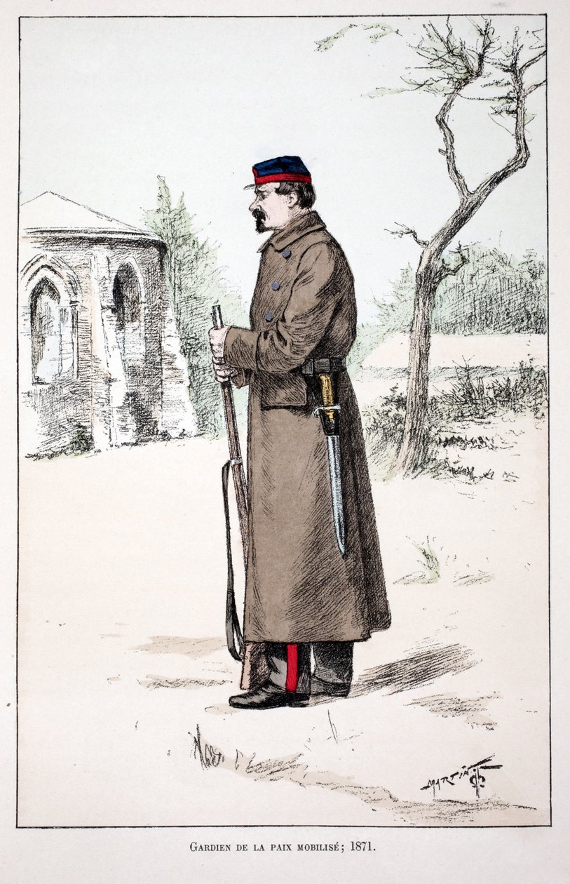 Guardianes de la Paz movilizados (1871). Aguafuerte en colores, para ilustración 