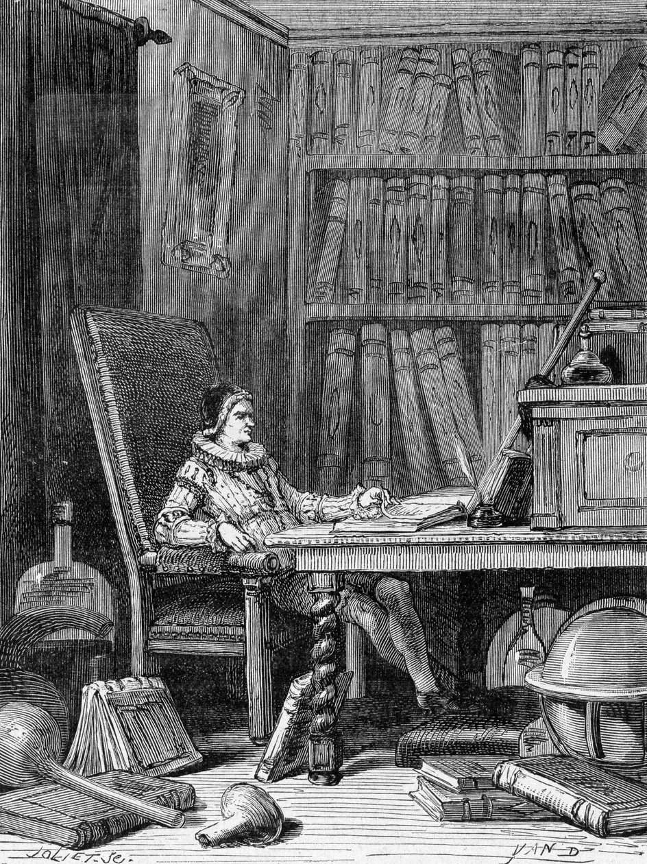 Guillaume Gilbert (1540 - 1603) escribiendo su tratado "De arte magnetica" alrededor de 1600. Grabado del siglo XIX de Unknown artist