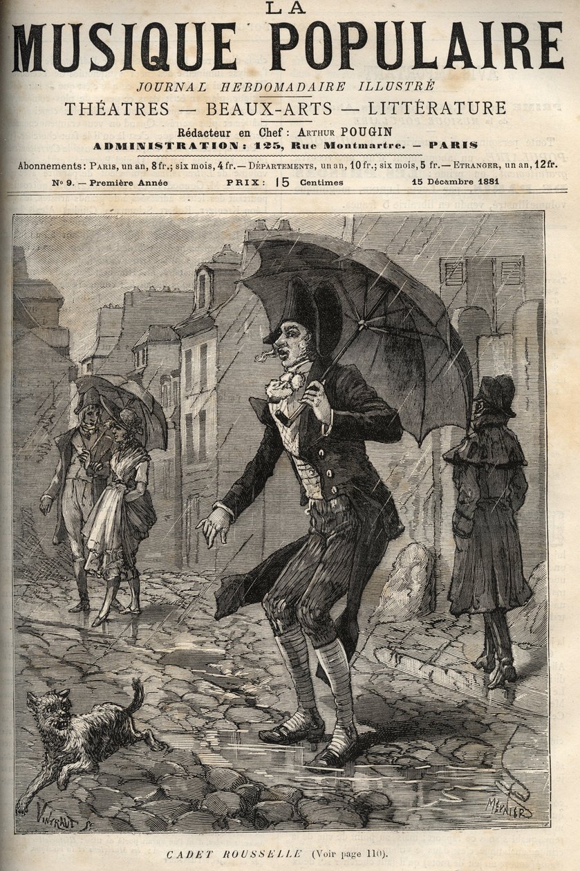 Guillaume Joseph Rousselle (Roussel), llamado Cadet Rousselle (1743-1807), alguacil francés, bajo la lluvia en una calle de París. grabado en “La musique populaire” Ilustrado periódico semanal - 1881 de Unknown artist