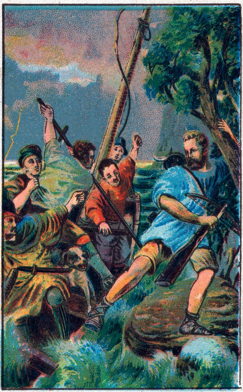 Guillermo Tell (William Tell) (héroe legendario de la independencia suiza) escapa del barco de Gessler. Cromolitografía de finales del siglo XIX. de Unknown artist