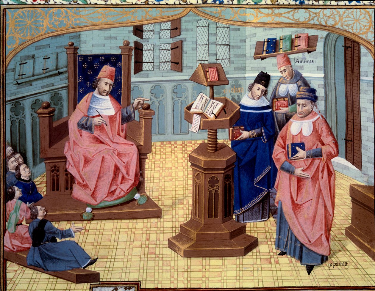 Guy de Chauliac enseñando. A su derecha, 6 oyentes y a su izquierda 3 personajes que resumen la historia de la medicina: Claudio Galeno (131-201), médico griego de la Antigüedad, Abu Ali al-Husayn ibn 