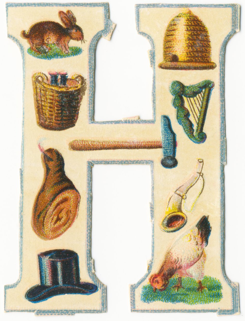 H: liebre, colmena, cesta de cosecha, arpa, martillo, jamón, cuerno, sombrero, gallina de Unknown artist