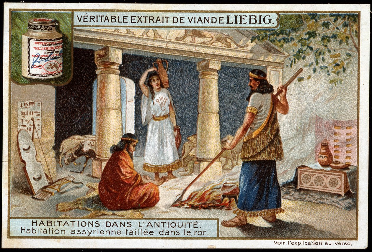 Habitaciones en la antigüedad: vivienda asiria tallada en la roca (Mesopotamia) - Cromolitografía de Liebig de Unknown artist