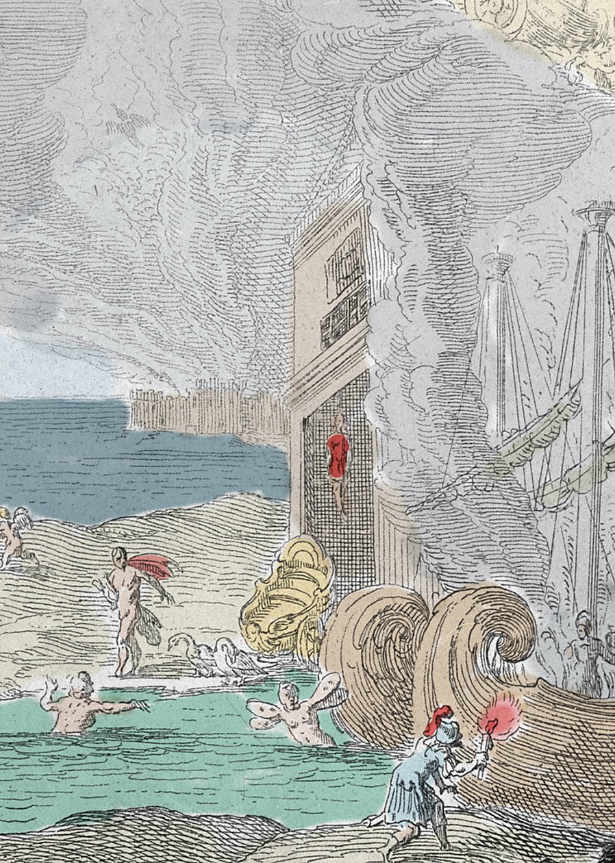 Iphis ahorcado rechazado por Anaxarete. Detalle de una ilustración tomada del libro XIV de 