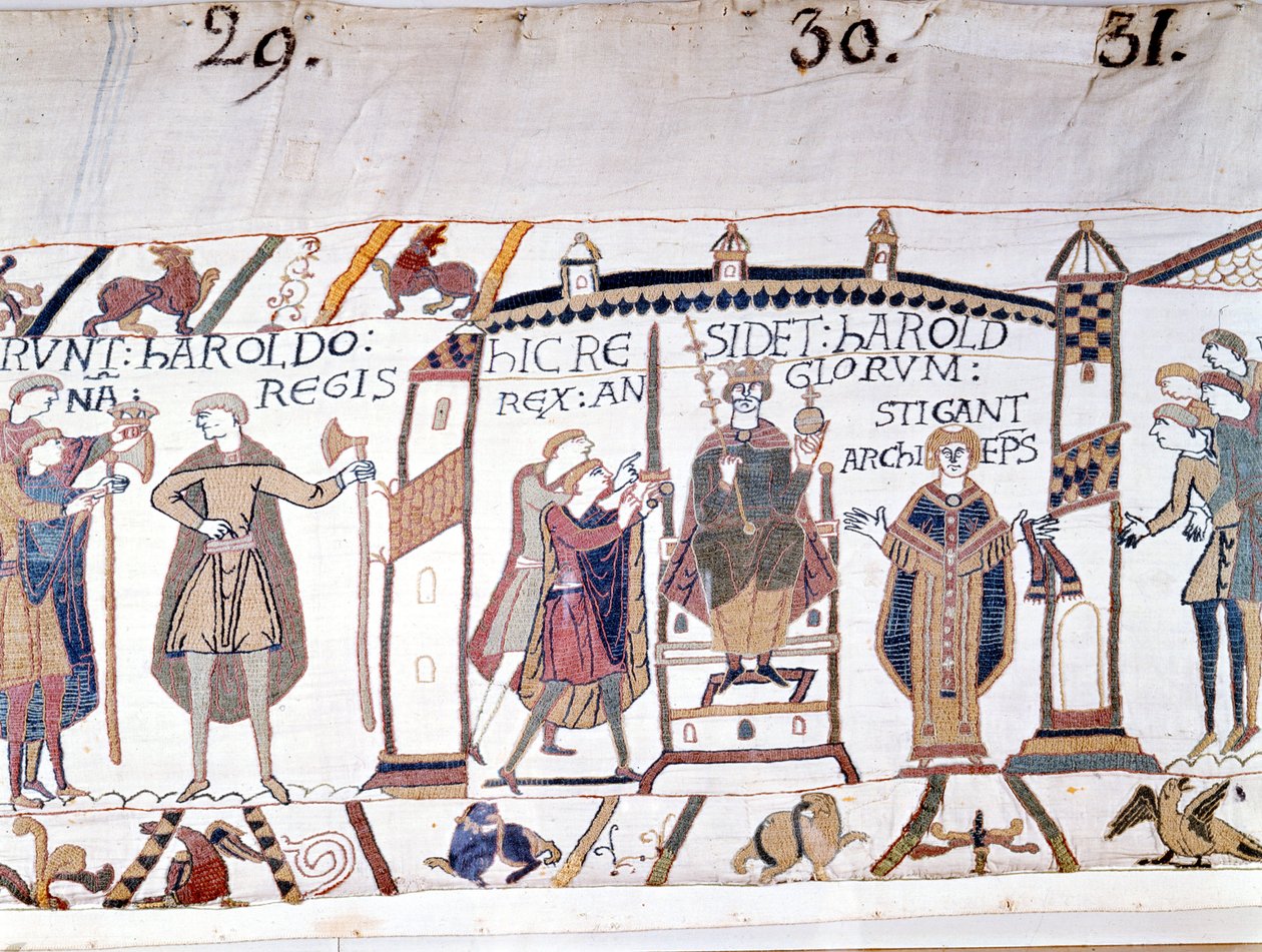 Haroldo II (1022 - 1066) fue proclamado rey a la muerte de Eduardo el Confesor en 1066 pero pronto murió en la Batalla de Hastings. Tapiz de Bayeux o Bordado de la Reina Matilde. de Unknown artist