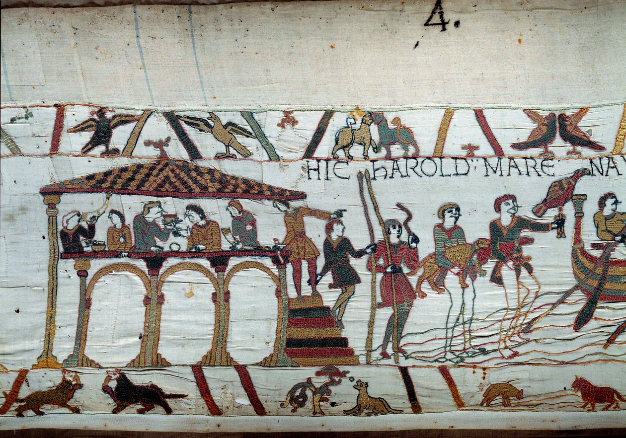Harold es enviado por el Rey de Inglaterra Eduardo el Confesor a Normandía para informar al Duque Guillermo el Conquistador (1027-1087) que será su sucesor en la Corona de Inglaterra: la última comida en tierra antes de embarcar hacia Normandía. Detalle de de Unknown artist