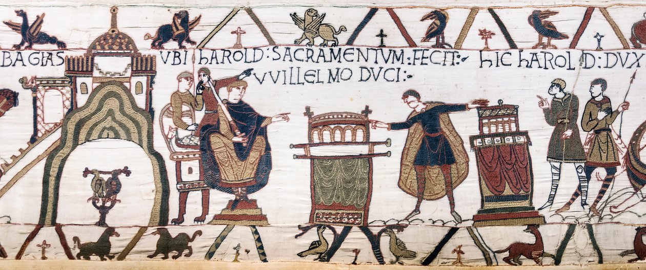 Harold jura un juramento sagrado a Guillermo en Bayeux, Tapiz de Bayeux de Unknown artist