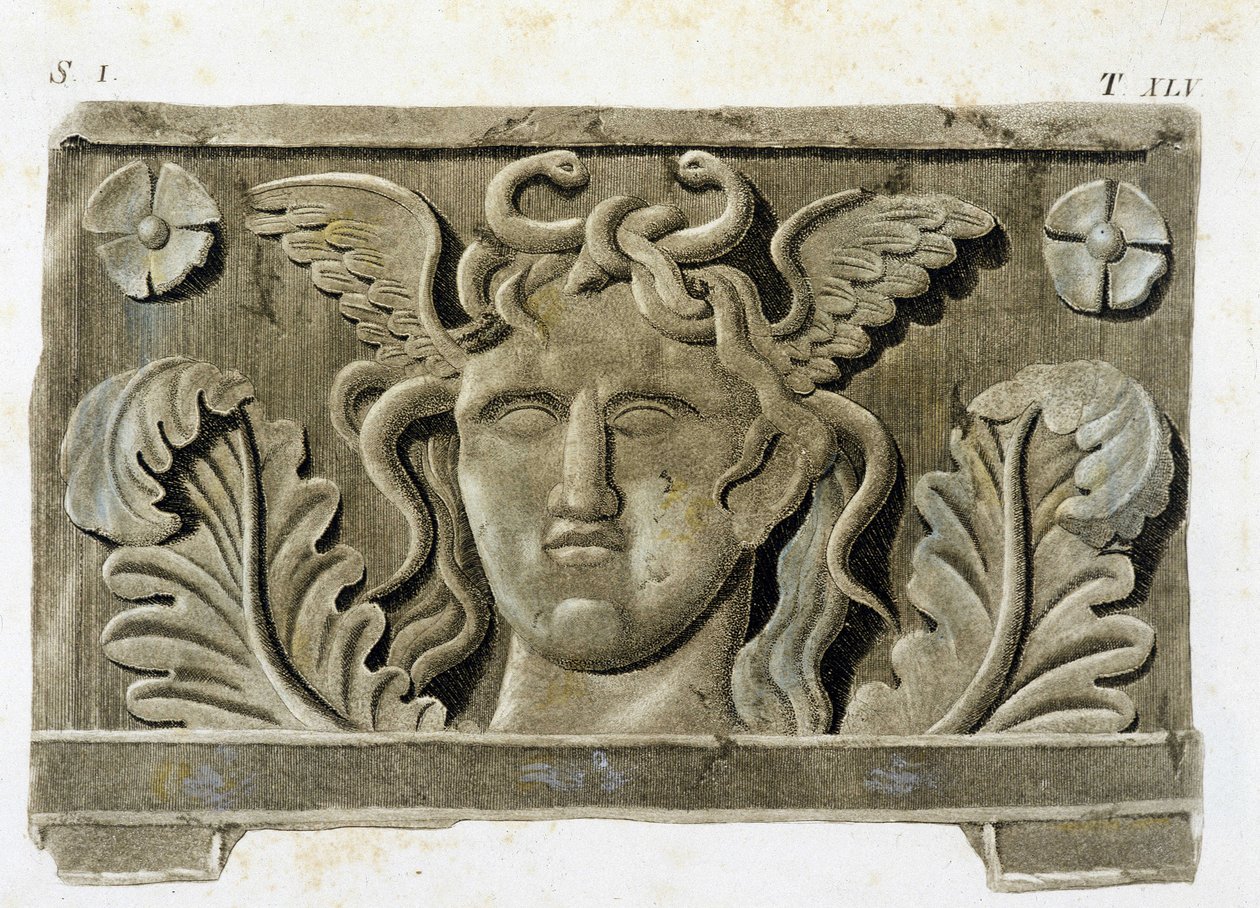 Cabeza de Medusa, una de las tres Gorgonas, bajorrelieve de piedra - en “Monumenti Etruschi” de Unknown artist