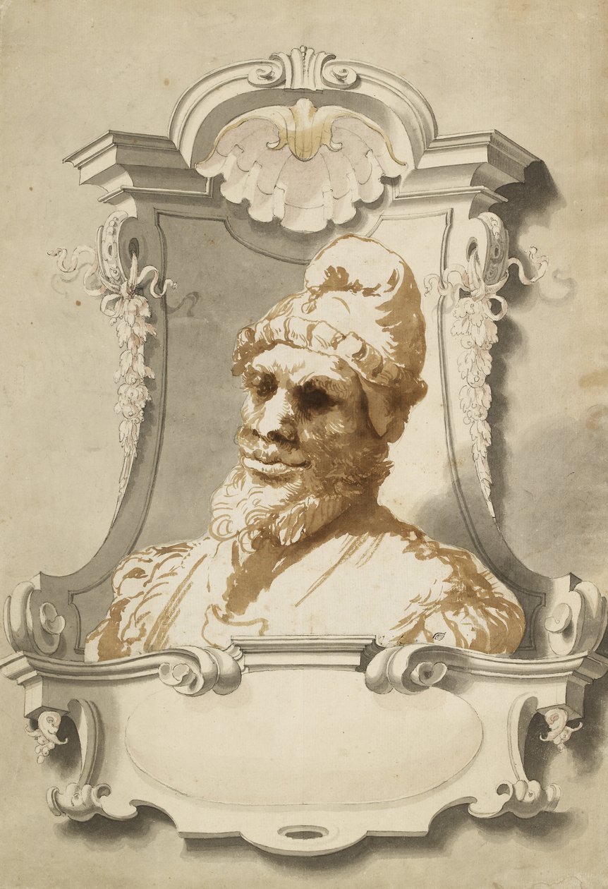 Cabeza de hombre, hacia el siglo XVII (dibujo a pincel en bistre) de Unknown artist