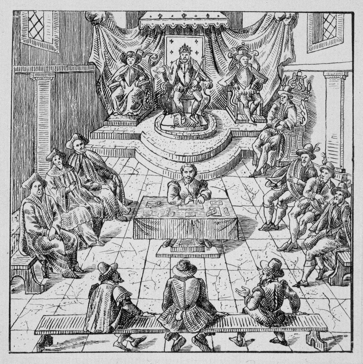 Enrique III (1551 - 1589) celebrando los Estados Generales en Blois en 1576 - en Colección de 39 figuras que representan las calamidades de Francia de 1562 a 1586; Louis Perrin imprimerie de Unknown artist