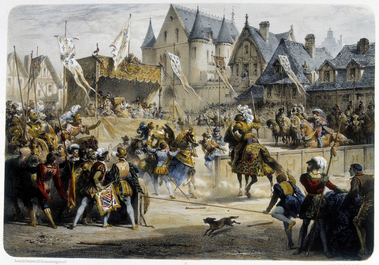 Enrique II (1519 - 1559) herido mortalmente por Montgomery durante el torneo del 29 de junio de 1559, rue St Antoine, frente al Palais des Tournelles - litografía de Unknown artist