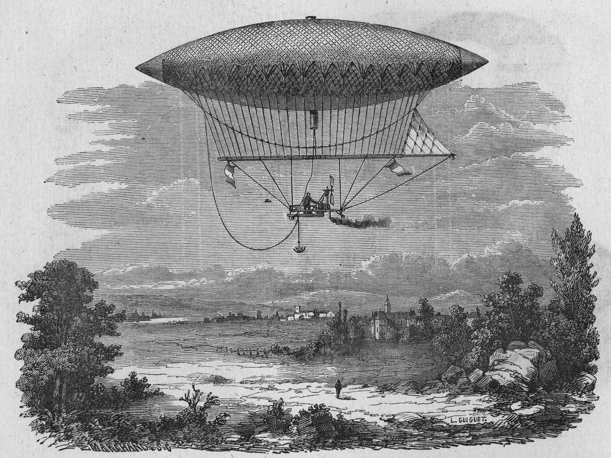 Henry Giffard probando un aerostato de vapor de 44 metros de largo. En “Álbum de la Ciencia”, Éditions Jouvet. de Unknown artist
