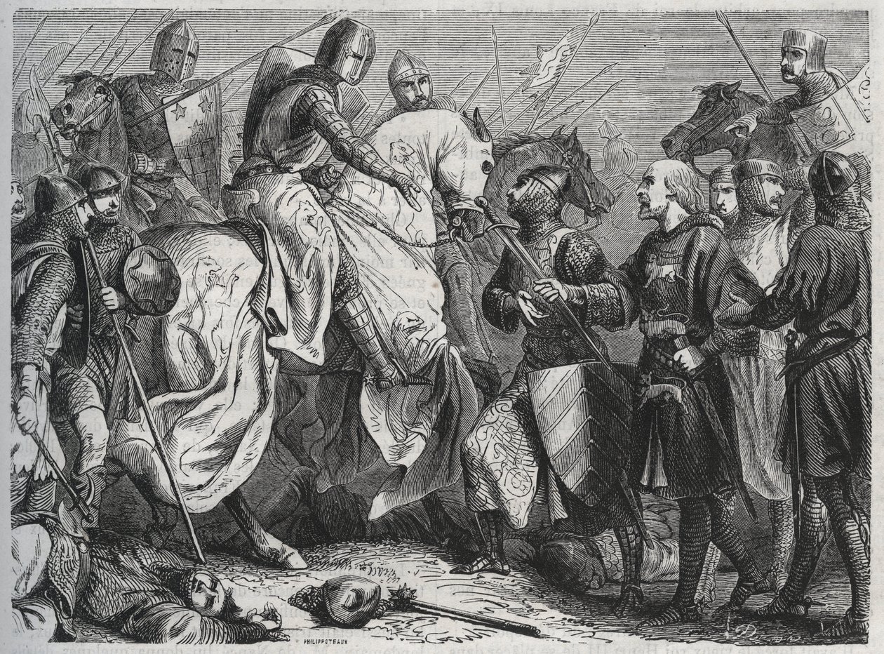 Enrique III (Enrique III Plantagenet de Inglaterra) (1207-1272) es capturado por Simón V de Montfort (ca. 1208-1265) en Lewes en Sussex 1264 - grabado 1864 de Unknown artist