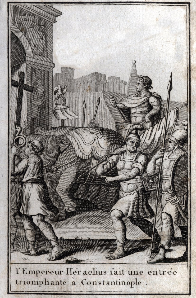 Heraclio I (Flavius Heraclius, Herakleios (circa 575-610/641), emperador bizantino, hizo una entrada triunfal en Constantinopla. Subió a un carro tirado por cuatro elefantes y llevó ante él la Verdadera Cruz (Santa Cruz) que había sido tomada de de Unknown artist