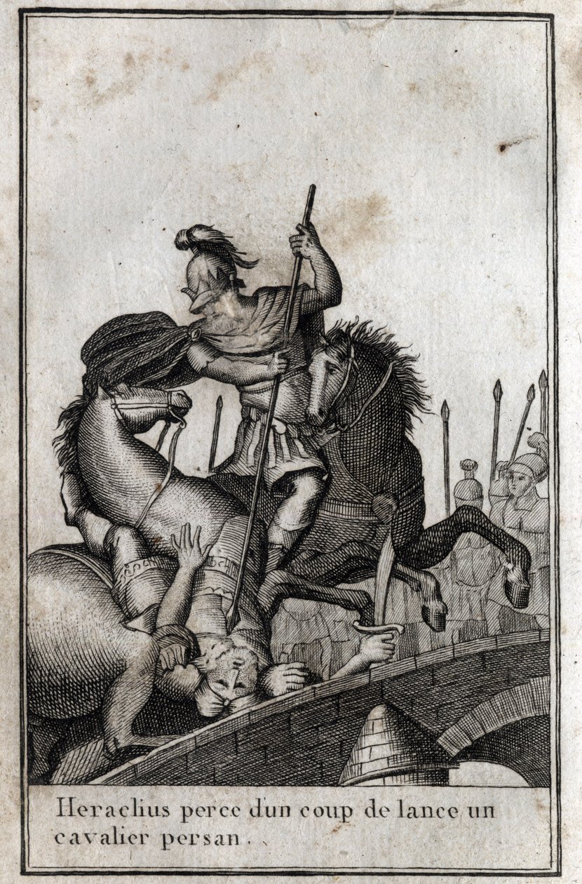Heraclio I (Flavio Heraclio, Herakleios (circa 575-610/641), emperador bizantino, lanza a un jinete persa (guerra contra los persas), siglo VII. Grabado en 
