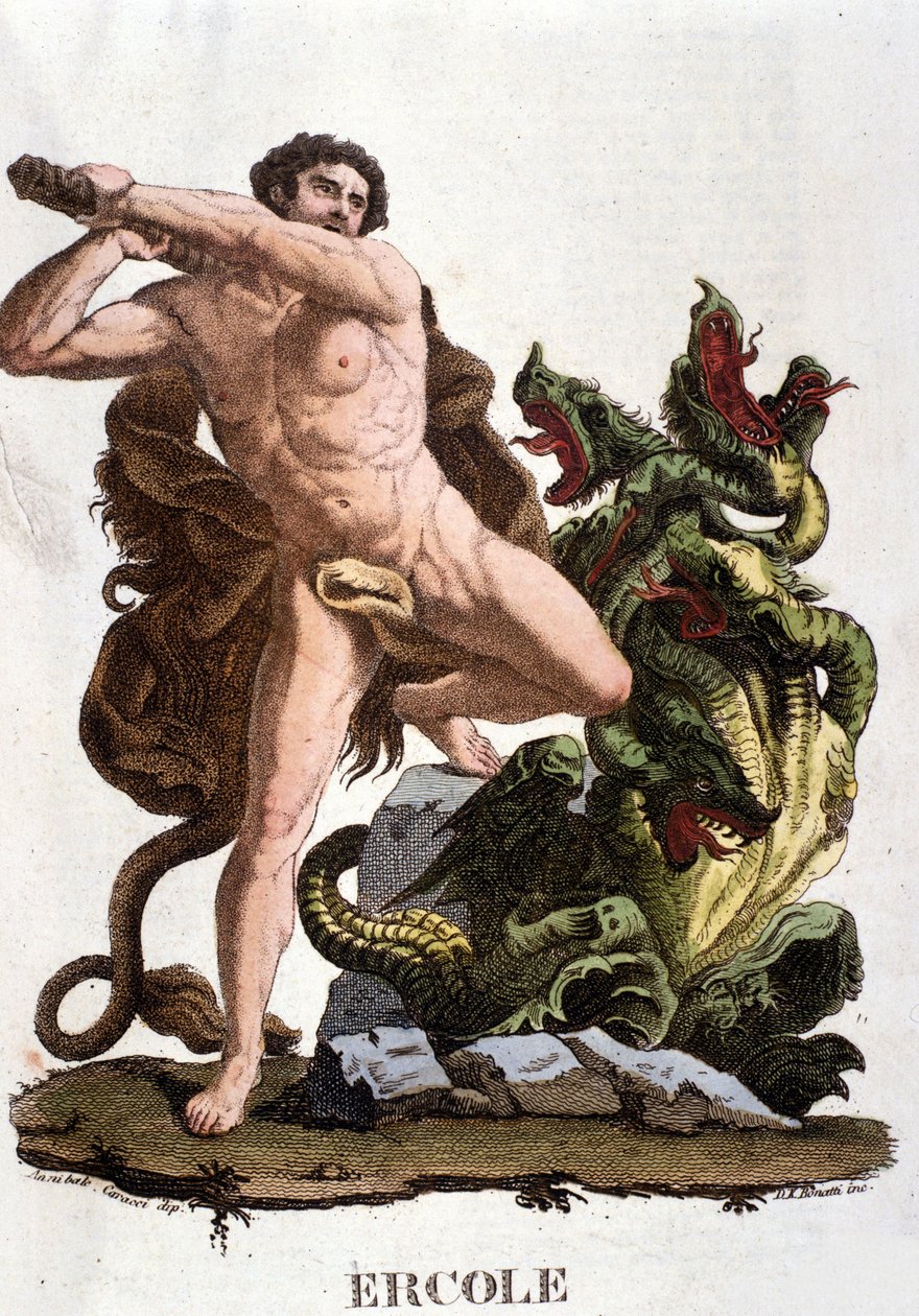 Hércules derrota a la Hidra de Lerna - grabado de Unknown artist