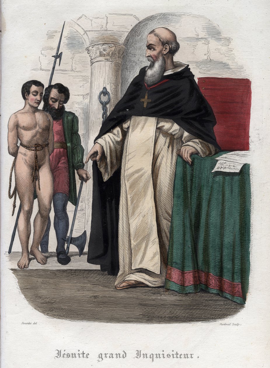 Prisionero hereje y Gran Inquisidor Jesuita en la época del Papa Clemente VIII (1592-1605). Grabado de 1842 en “Histoire des popes” de Maurice Lachatre. Colección privada. de Unknown artist