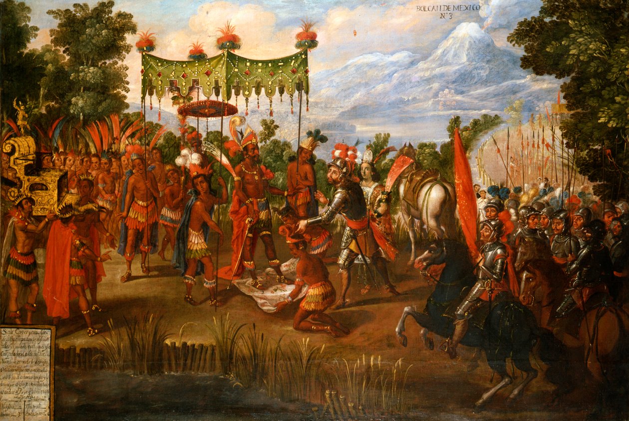 Hernán Cortés se reúne con el emperador Moctezuma de Unknown artist